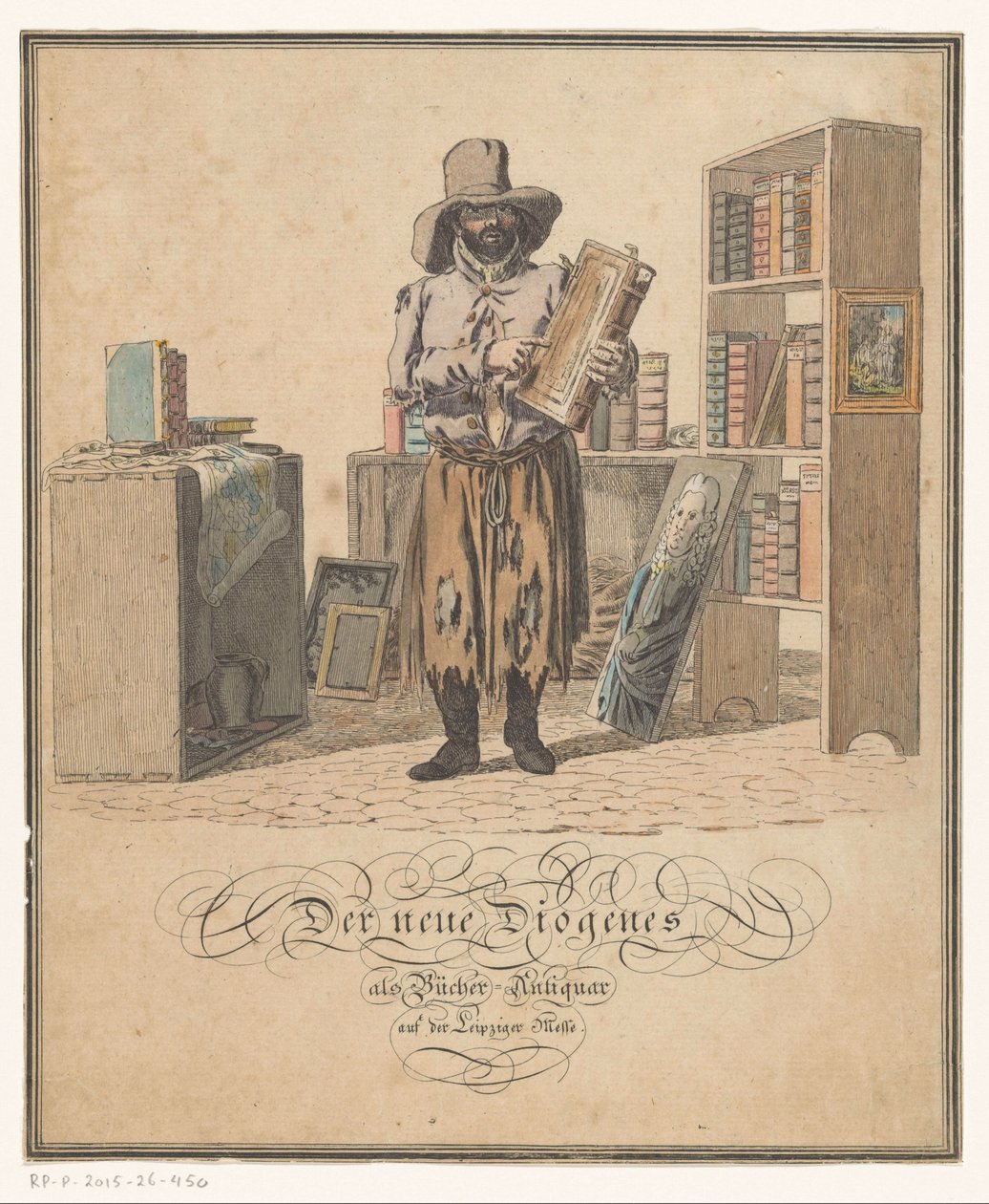Muotokuva Johann Gottlob Helmertin kirjoista Uusi Diogenes kirjakauppiaana Leipzigin messuilla (nimi esineessä) tekijältä Christian Gottfried Heinrich Geissler (possibly)