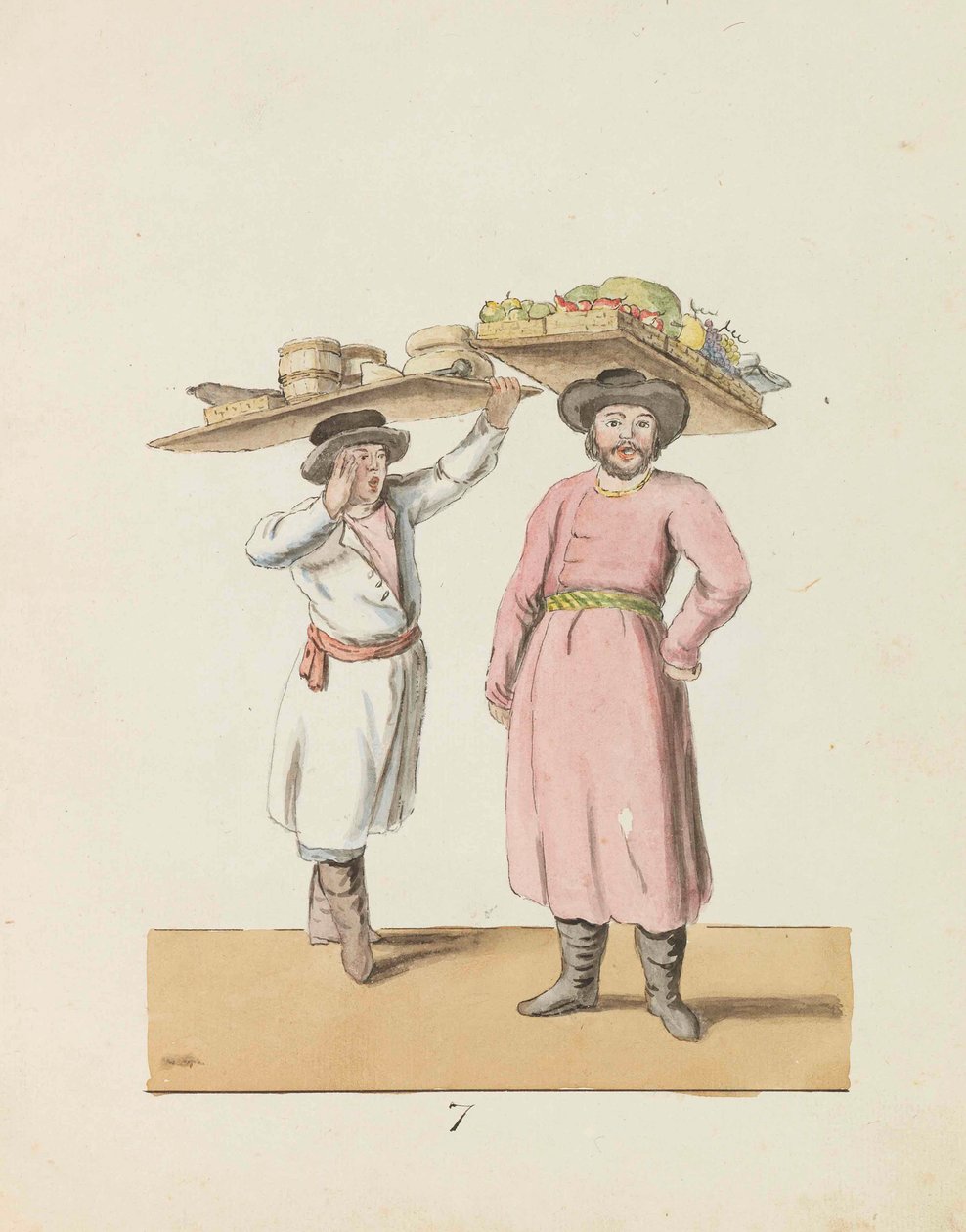 Hedelmämyyjä ja talonpoika myy juustoa ja silliä Sarjasta Pietari..., 1799. tekijältä Christian Gottfried Heinrich Geissler