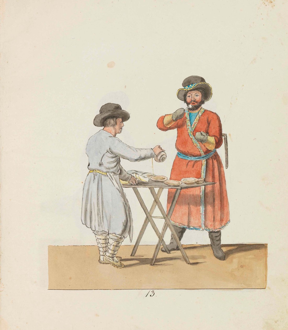 Kissel-myyjä ja kartanon vaunumies Sarjasta The St. Petersburg Peddlers, 1799. tekijältä Christian Gottfried Heinrich Geissler