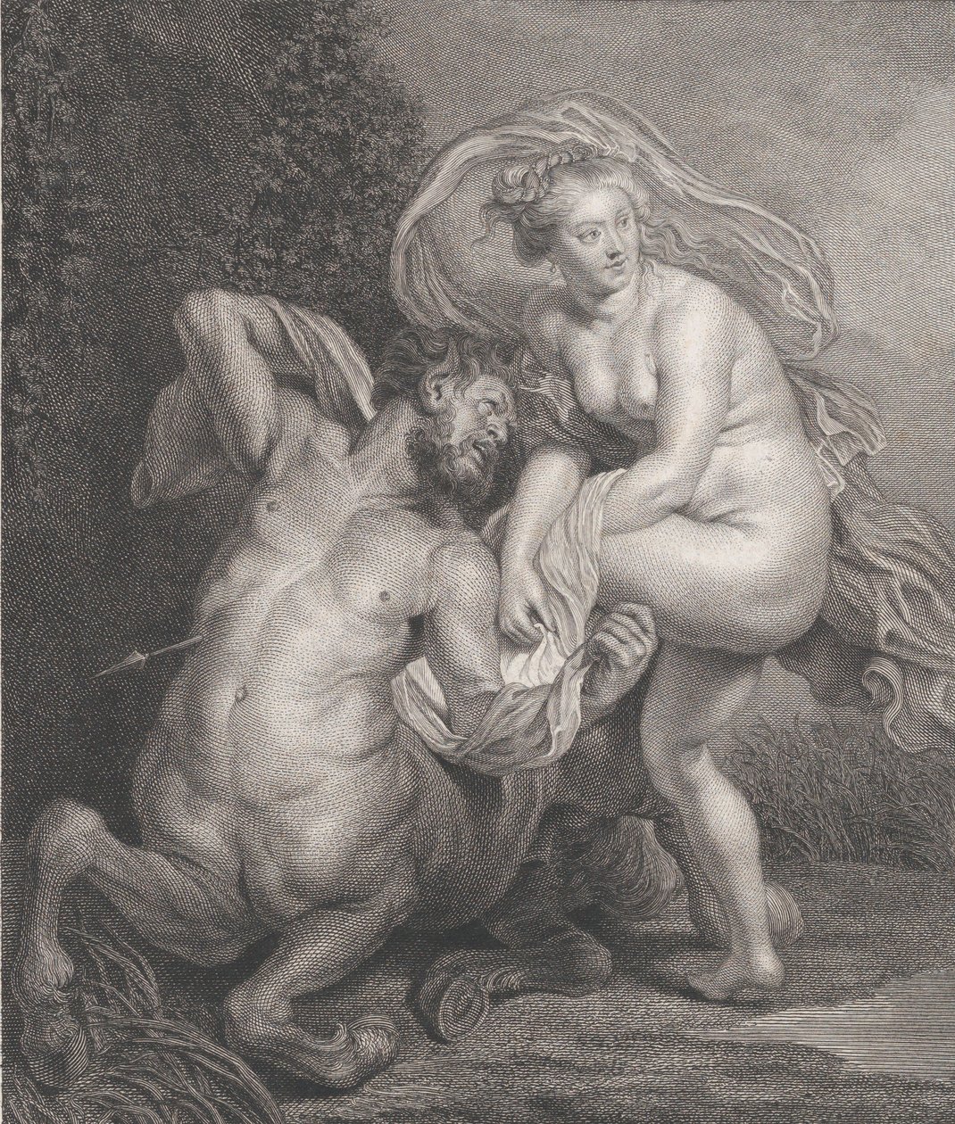 Deianeira saa myrkytettyä tunikkaa Nessukselta ja haavoittunut kentauri putoaa..., 1778. tekijältä Christian Gottfried Schulze