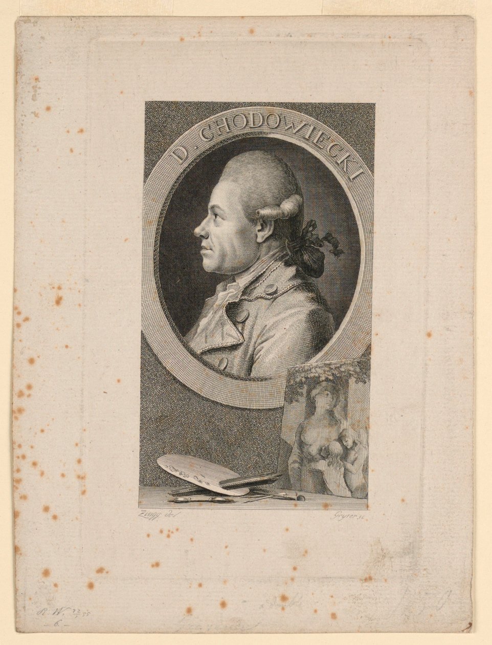 Daniele Chodoieckin muotokuva, "Neue Bibliotheh der sönen Wissenschaften" -elokuva, Leipzig, Saksa, 1780 tekijältä Christian Gottlieb Geyser