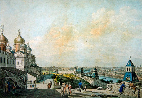 Moskova, näkymä kaupunkiin, Kremlin vasemmalla (kaiverrus akvarellilla) tekijältä Christian Gottlob Hammer