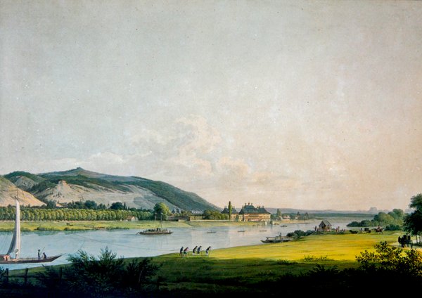 Pillnitz ja sen ympäristö Dresdenin lähellä (värikaiverrus). tekijältä Christian Gottlob Hammer