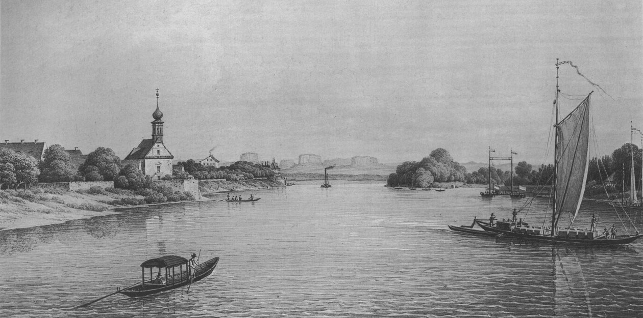 Maria am Wasserin kirkko lähellä Dresdeniä noin vuonna 1850 tekijältä Christian Gottlob Hammer