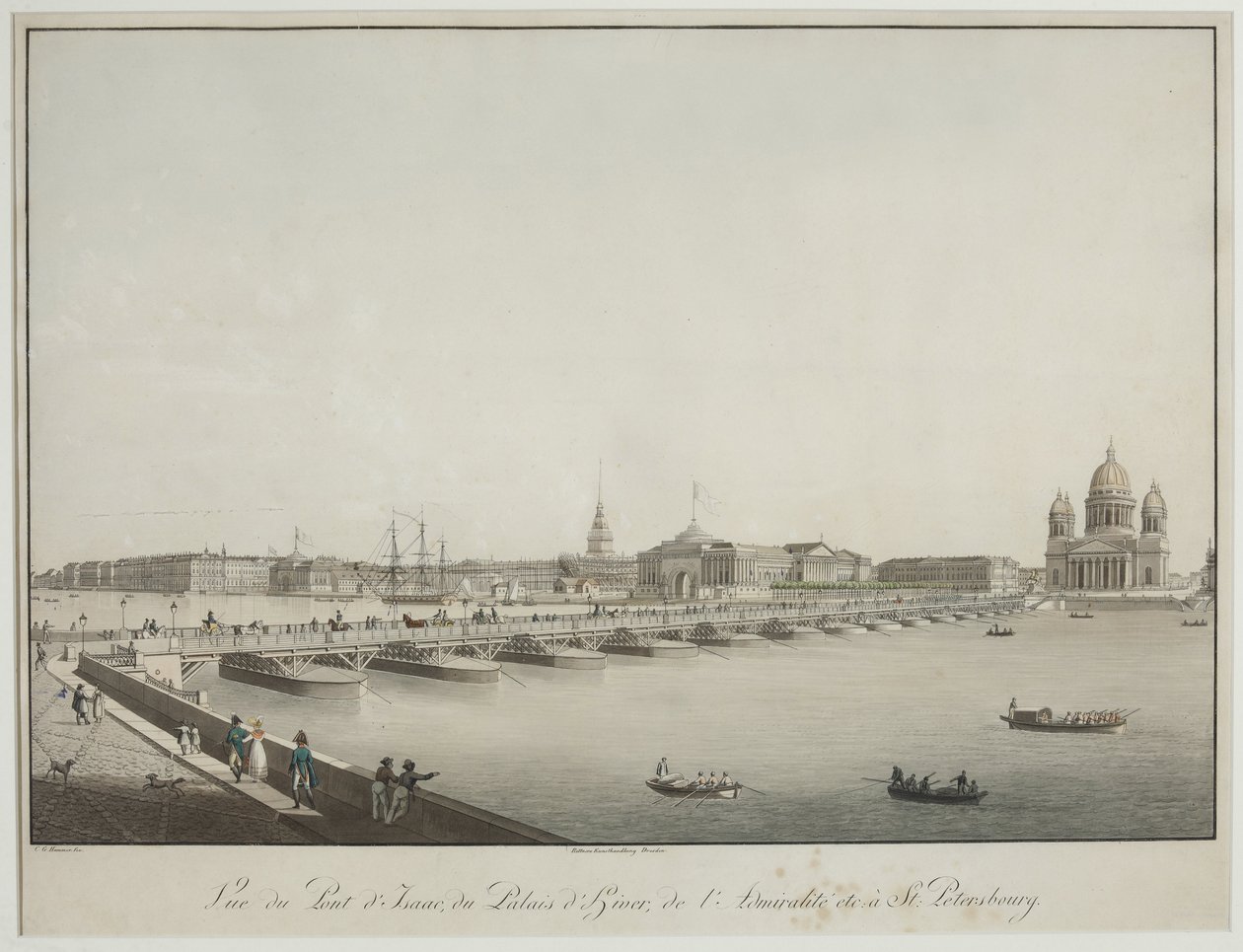 Näkymä Iisakin sillalle Pietarissa - Christian Gottlieb Hammer (1779-1864). Etsaus, akvarelli, ennen 1820. Pietarin valtionhistoriallinen museo tekijältä Christian Gottlob Hammer