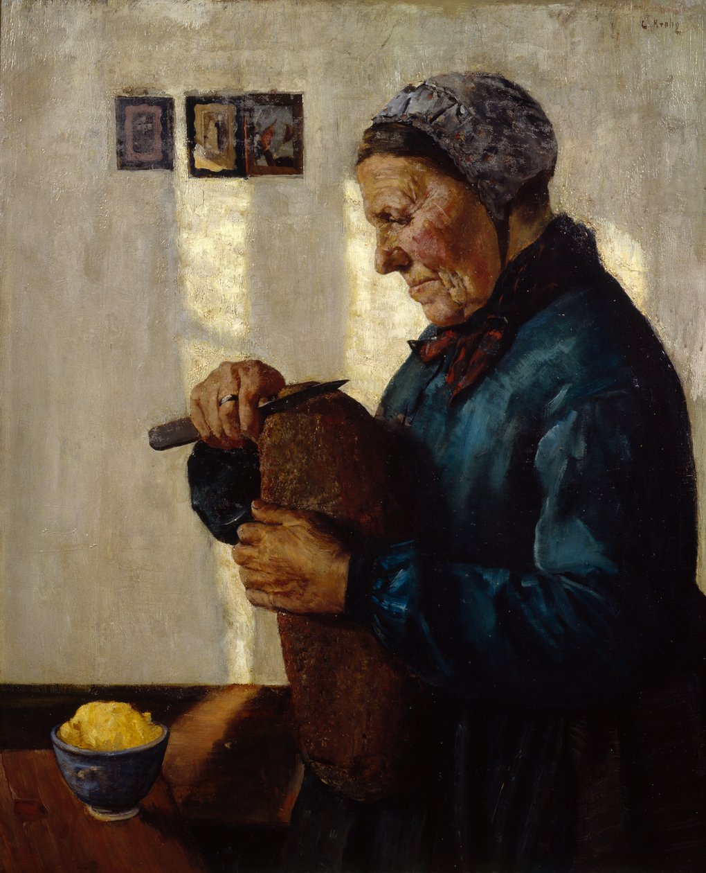 Vaimo leikkaa leipää tekijältä Christian Krohg