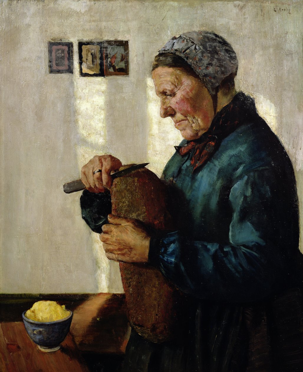 Nainen leikkaamassa leipää tekijältä Christian Krohg