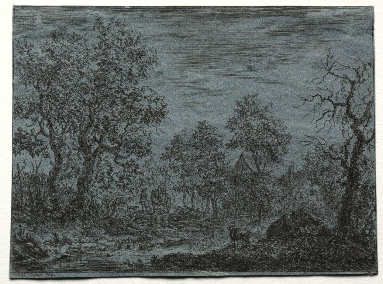 Pieni joki etualalla lehmän ja vuohen kanssa, 1744. tekijältä Christian Ludwig von Hagedorn