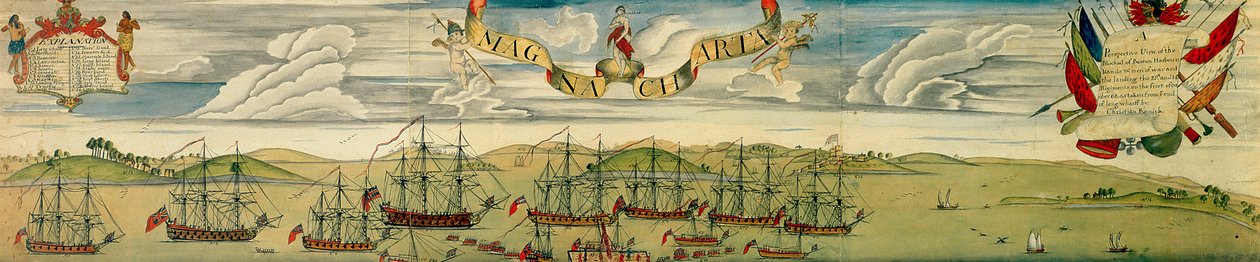 Perspektiivinäkymä Bostonin sataman saartoon, n. 1768 (wc paperilla) tekijältä Christian Remick