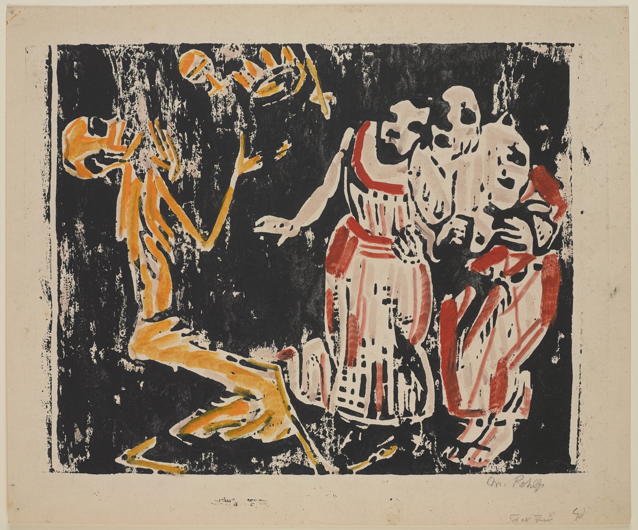 Kuolema jonglöörinä (vallankumous) (Tod als Jongleur [vallankumous]), 1918-19 (värillinen puupiirros keltaisella, punaisella ja mustalla raskaalla kudospaperilla) tekijältä Christian Rohlfs
