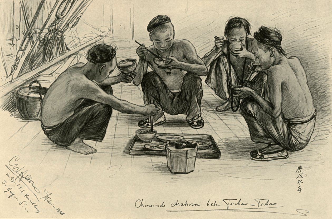 Kiinalaiset miehistön jäsenet syömässä "Knivsbergillä", 1898. tekijältä Christian Wilhelm Allers