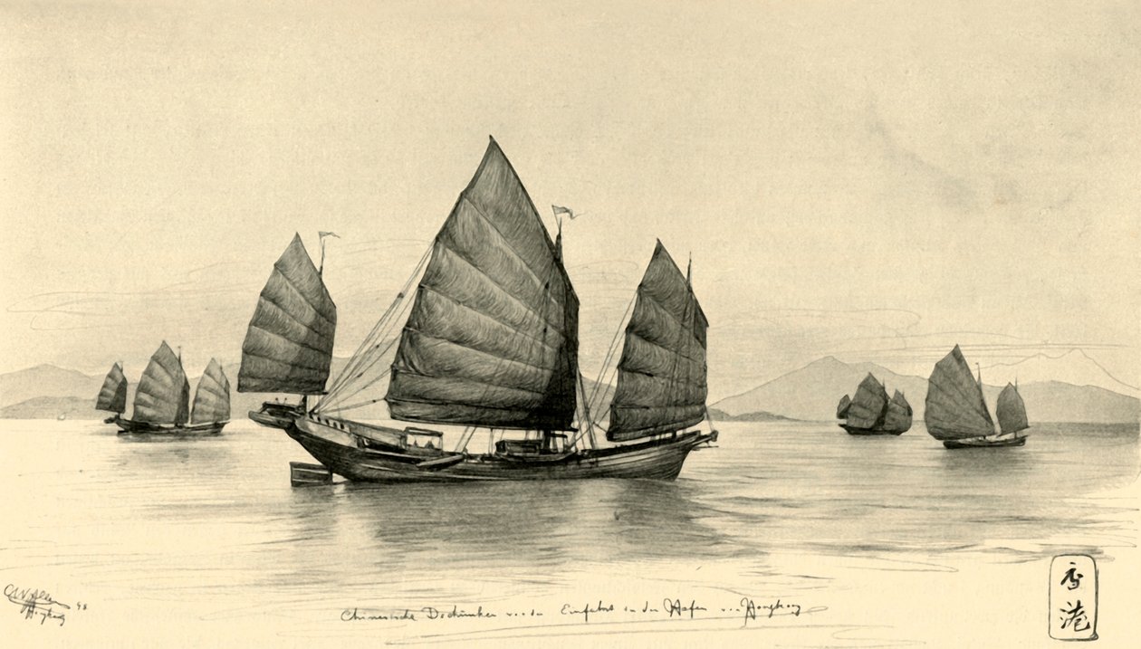 Kiinalaisia roskia Hongkongin sataman sisäänkäynnillä, 1898. tekijältä Christian Wilhelm Allers