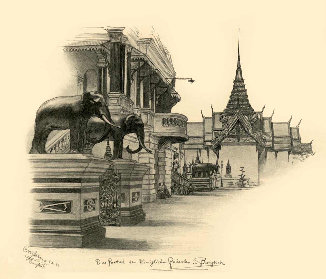 Sisäänkäynti kuninkaalliseen palatsiin Bangkokissa, Siamissa, 1898. tekijältä Christian Wilhelm Allers