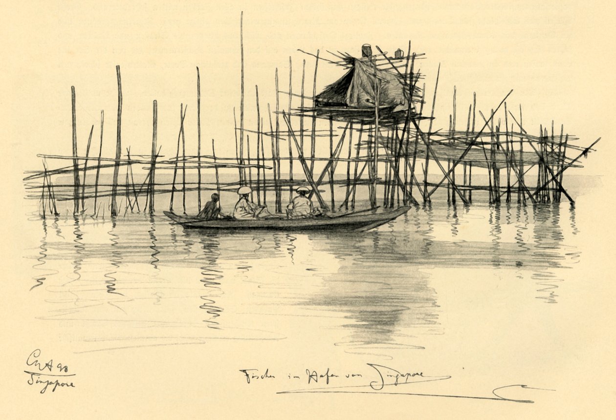 Talo paalujen päällä ja kalastajia Singaporen satamassa, 1898. tekijältä Christian Wilhelm Allers