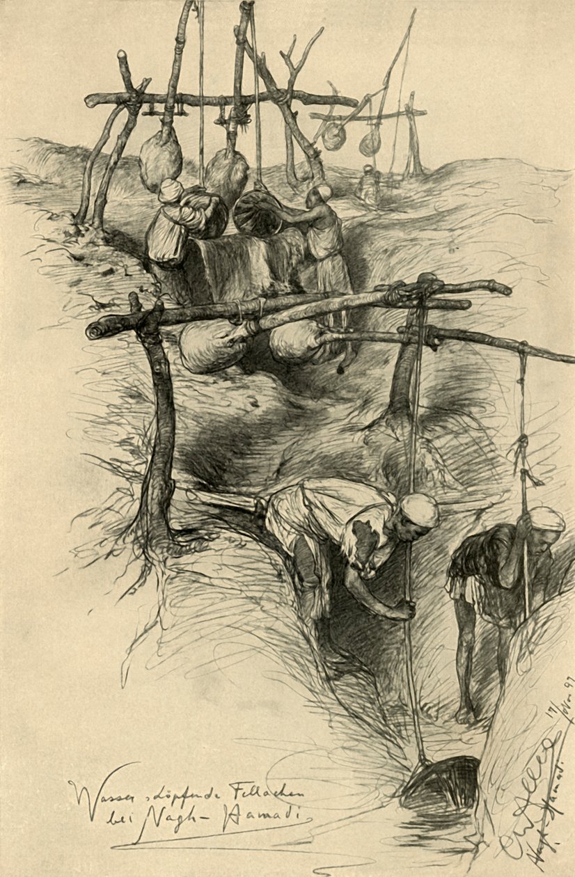 Veden nostaminen Niilistä shadoufin avulla, Nag Hammadi, Egypti, 1898. tekijältä Christian Wilhelm Allers