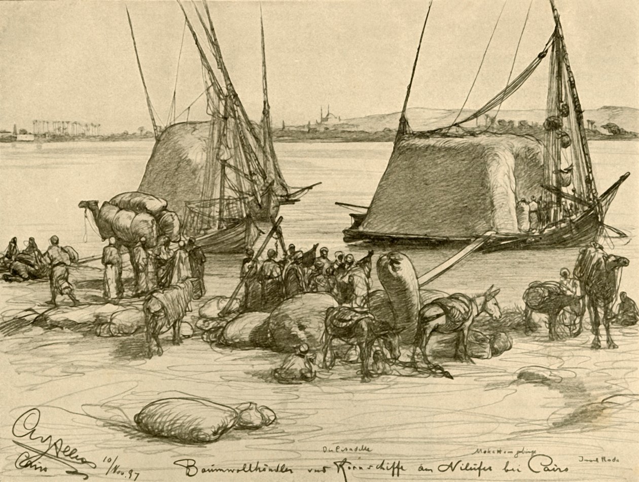 Puuvillan lastaus viljaveneisiin, Niili, Kairo, Egypti, 1898. tekijältä Christian Wilhelm Allers