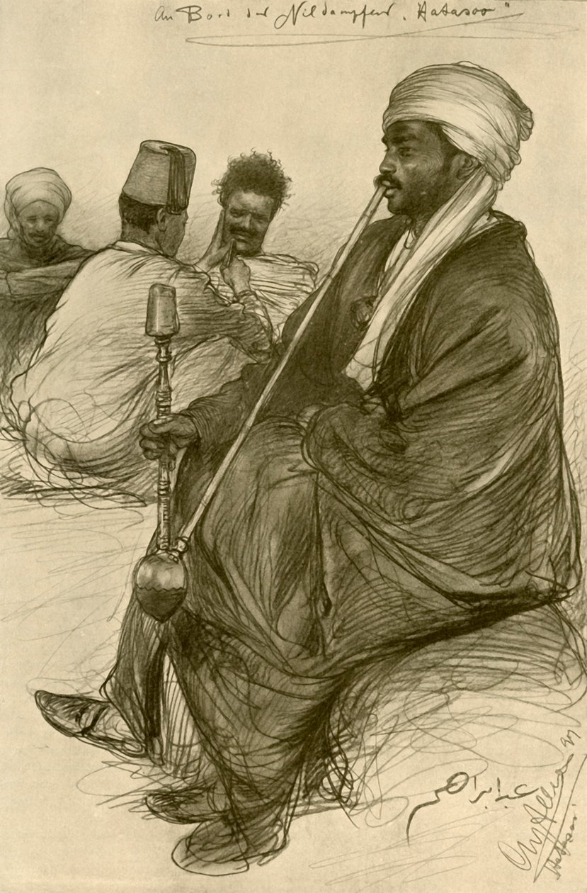 Mies polttaa vesipiippua Hatasoo-höyrylaivalla Egyptissä, 1898. tekijältä Christian Wilhelm Allers