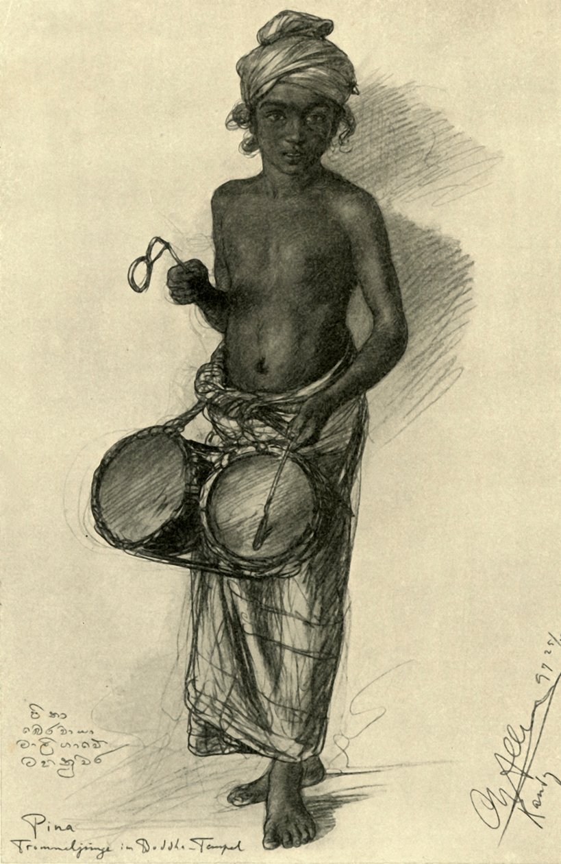 Pina - rumpalipoika buddhalaisessa temppelissä, Kandyssa, Ceylonissa, 1898. tekijältä Christian Wilhelm Allers