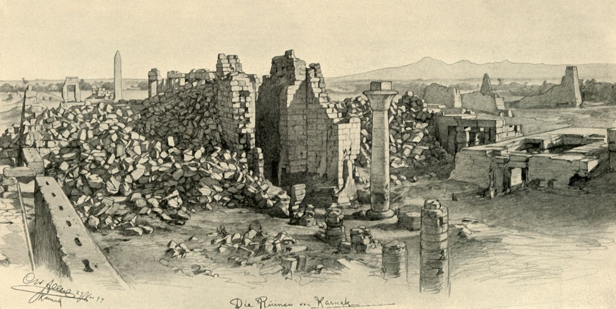 Raunioituneet temppelit Karnakissa, Egyptissä, 1898. tekijältä Christian Wilhelm Allers