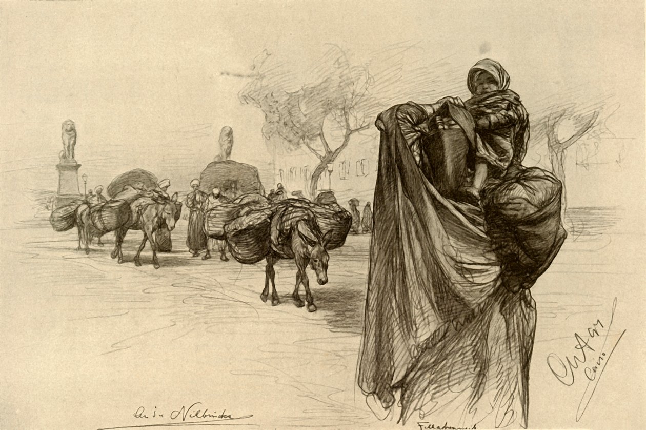 Nainen ja lapsi lähellä Kobri el Gezira -siltaa, Kairo, 1898. tekijältä Christian Wilhelm Allers