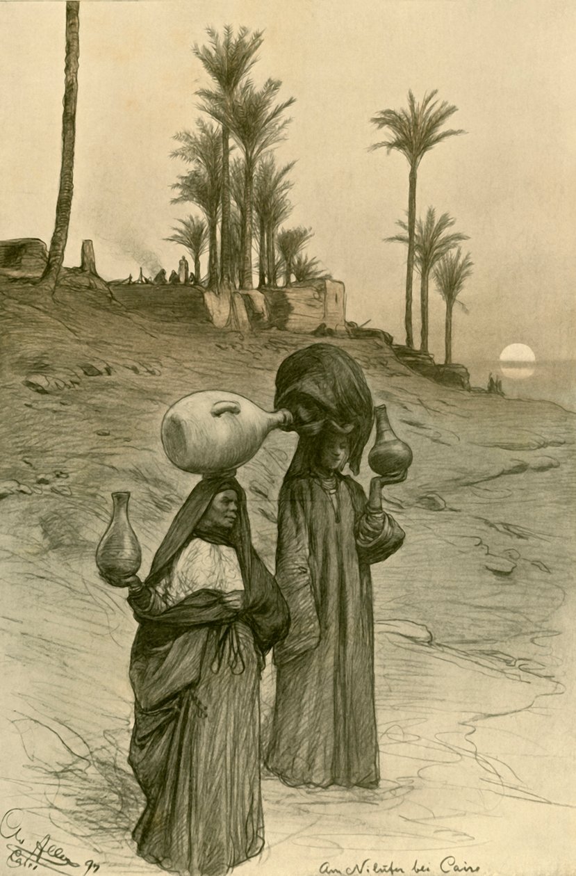 Naiset kantoivat vesikannuja Niilin rannalla Kairossa, Egyptissä, 1898. tekijältä Christian Wilhelm Allers