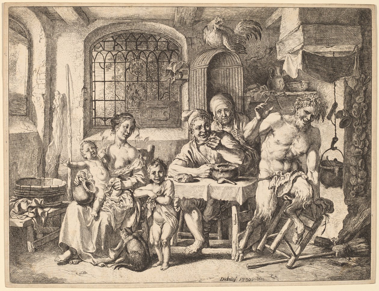 Satyr vierailee talonpoikaperheen luona tekijältä Christian Wilhelm Ernst Dietrich