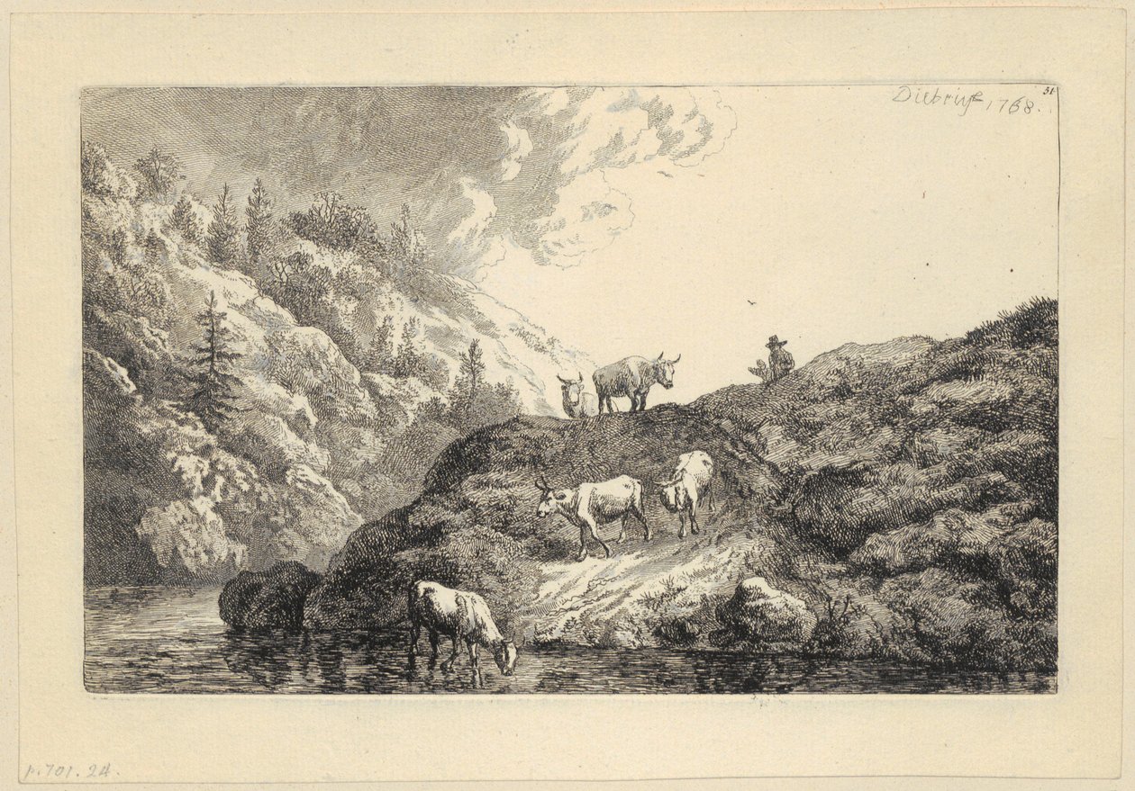 Eläinlauma joella [Juomapaikalle ajetut härät] tekijältä Christian Wilhelm Ernst Dietrich