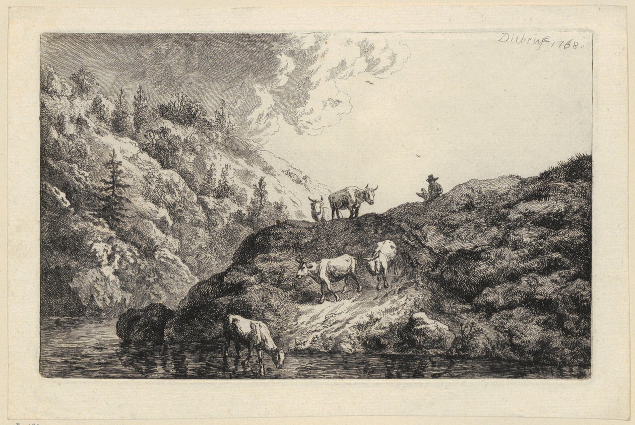 Eläinlauma joella [Juomapaikalle ajettavat härät] tekijältä Christian Wilhelm Ernst Dietrich