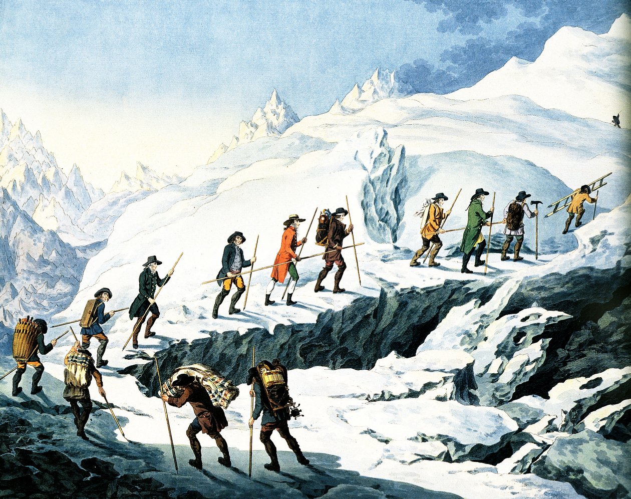 Horace-Benedict de Saussuren toinen nousu Mont Blancille elokuussa 1787, Marquardt Wocherin värillinen kaiverrus julkaistiin vuonna 1790 tekijältä Christian von Mechel