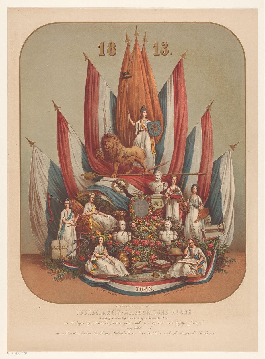 Allegorinen esitys merkittävästä vallankumouksesta marraskuussa 1813 Teatteris-allegorinen kunnianosoitus ikimuistoiselle vallankumoukselle marraskuussa 1813 (...) (otsikko esineessä) tekijältä Christianus Hendricus Hein