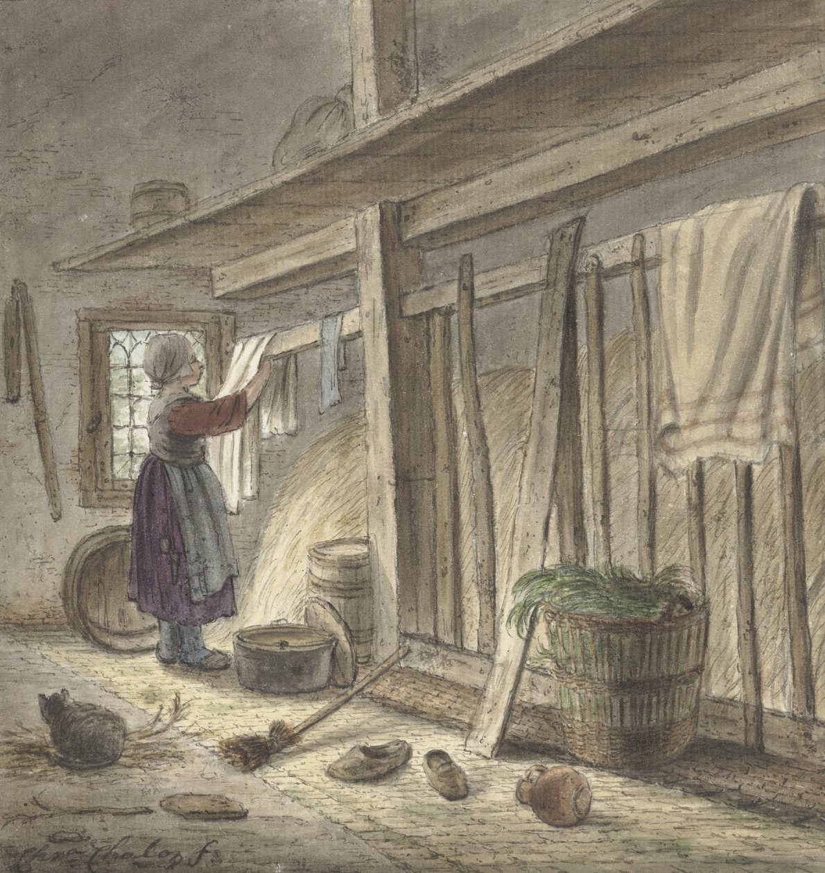 Hoekje van een stal met een meisje dat een doek ophangt (1772) van Christina Chalon tekijältä Christina Chalon