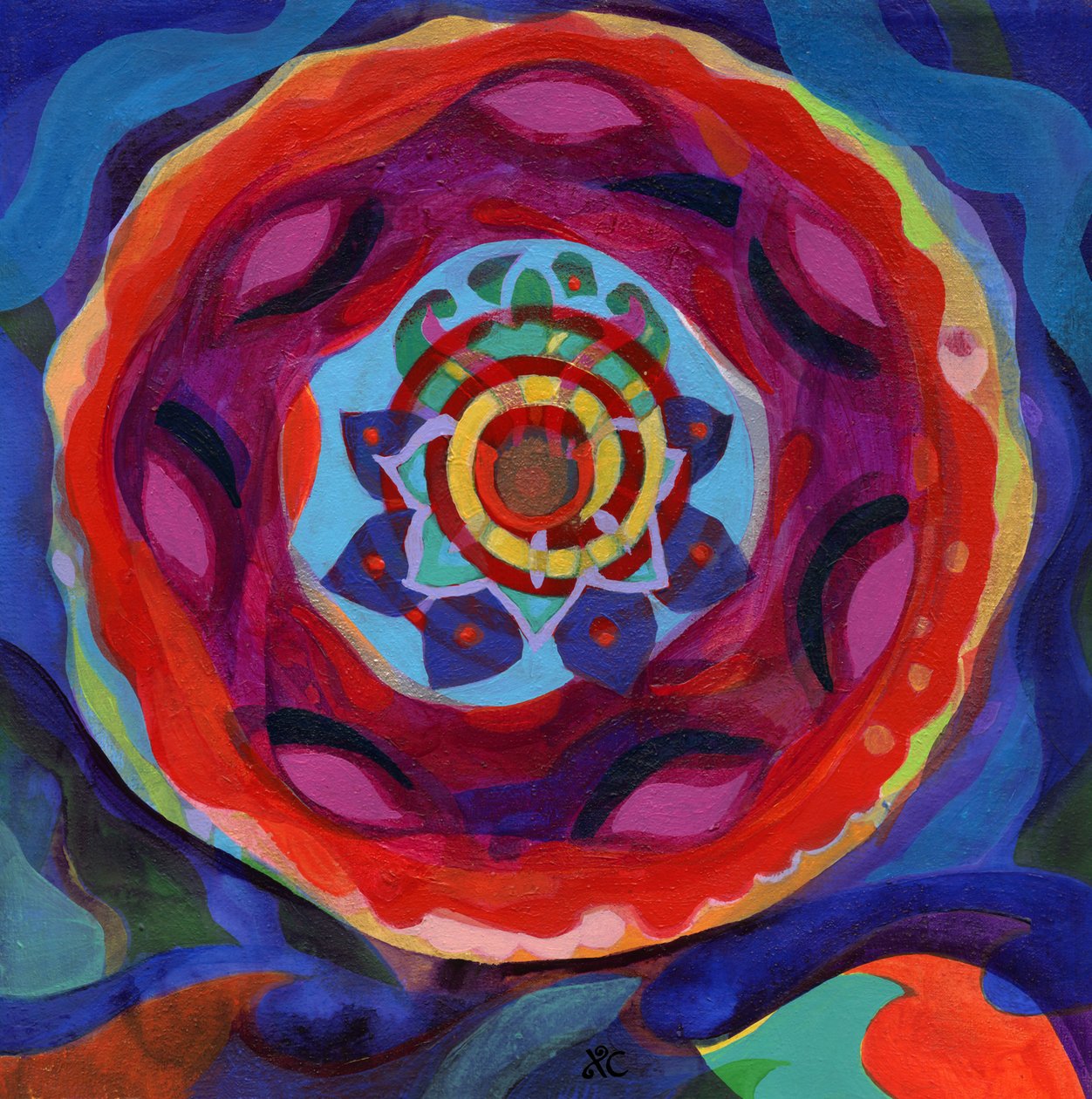Meditaatio 4 Radiance Mandala, n. 2017 (akryyli kankaalle). tekijältä Christina Saj