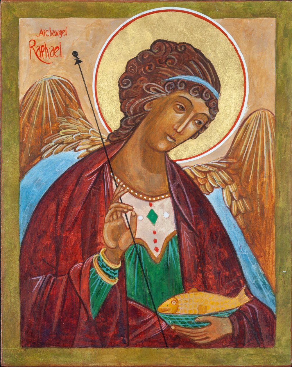 Arkkienkeli Rafaelin ikoni, 2000 (munatempera, puu, lehtikulta). tekijältä Christine Hales