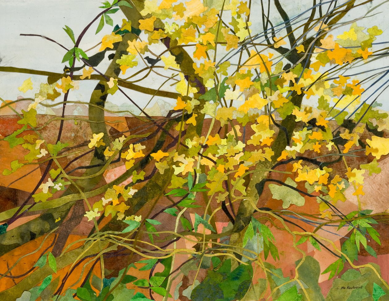 Syksyn lehdet, 2016 (vesivärillä maalattu paperikollaasi) tekijältä Christine McKechnie