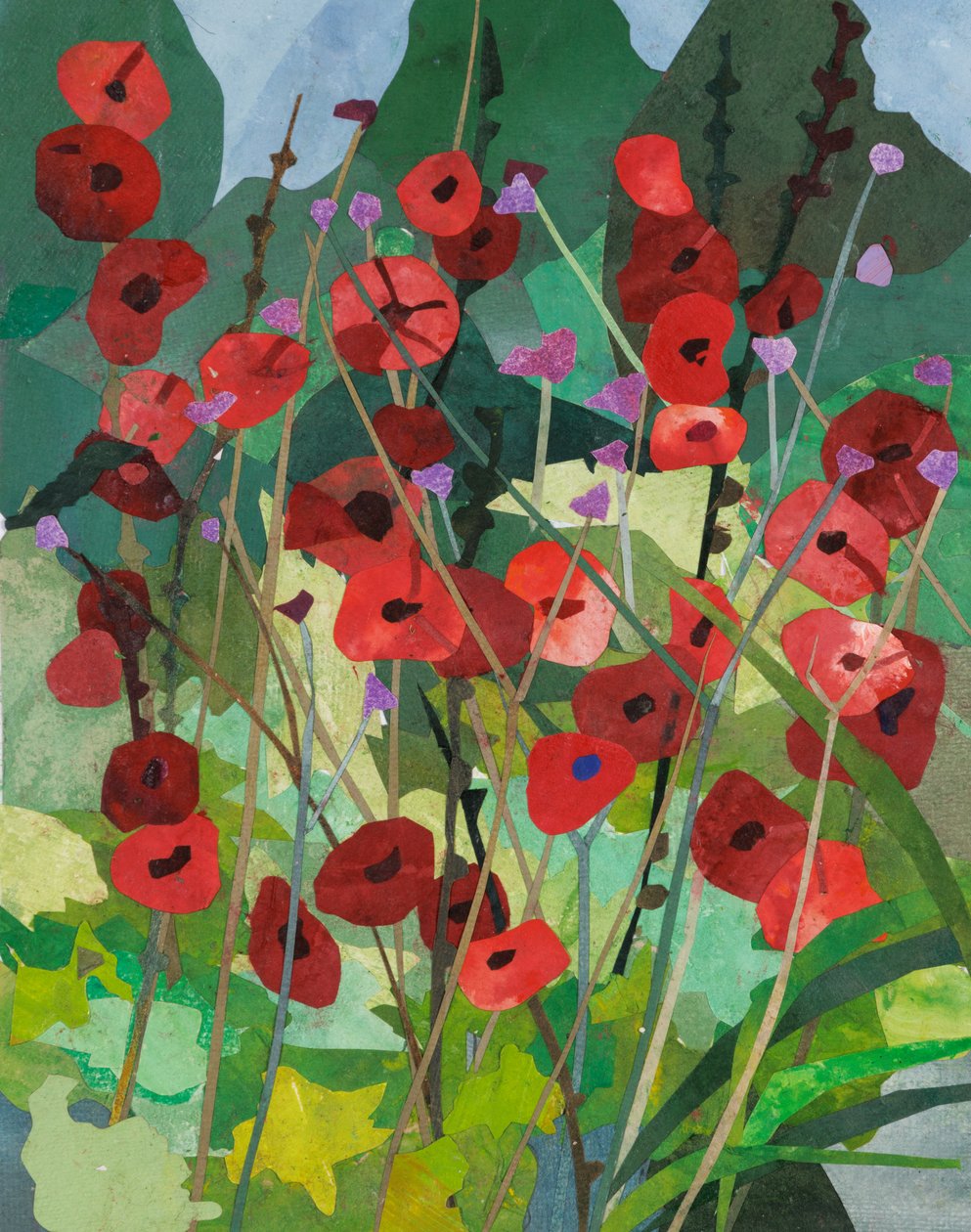 Cornerways Hollyhocks, 2025 (vesivärillä maalattu paperikollaasi) tekijältä Christine McKechnie