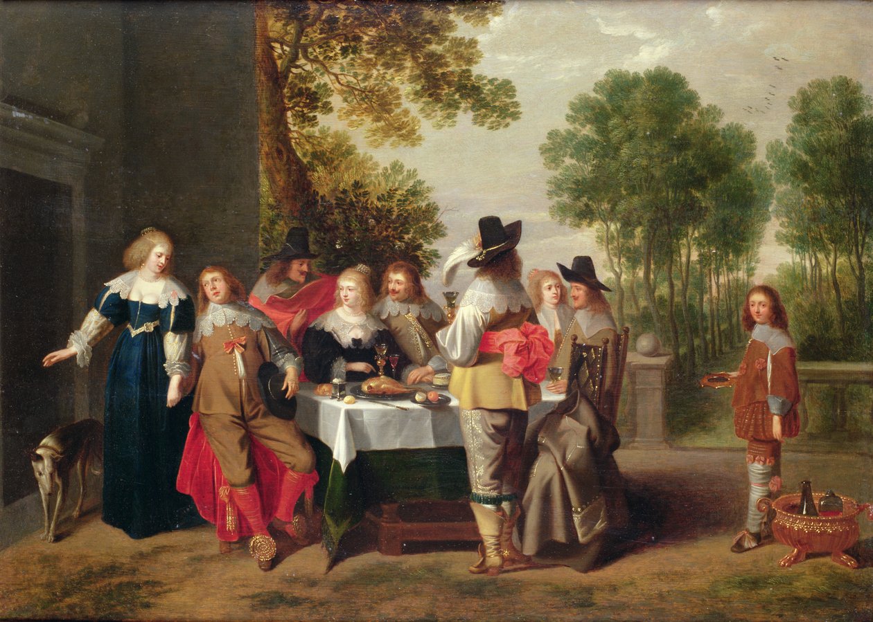 Tyylikäs yritys istuu pöydän ääressä virallisessa puutarhassa (öljy marouflaged paneelissa) tekijältä Christoffel Jacobsz van der Lamen