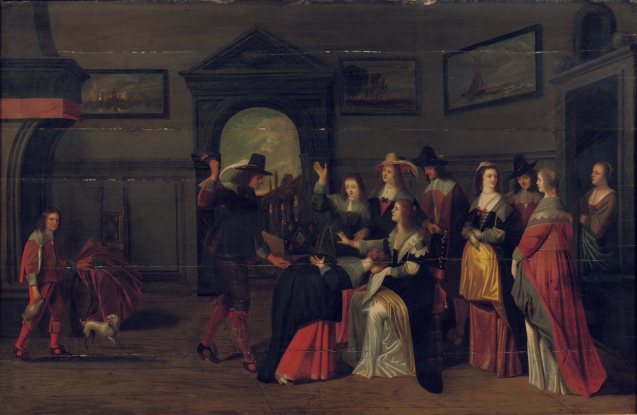 Tyylikäs yritys, joka pelaa La Main Chaude -peliä sisätiloissa tekijältä Christoffel Jacobsz van der Lamen