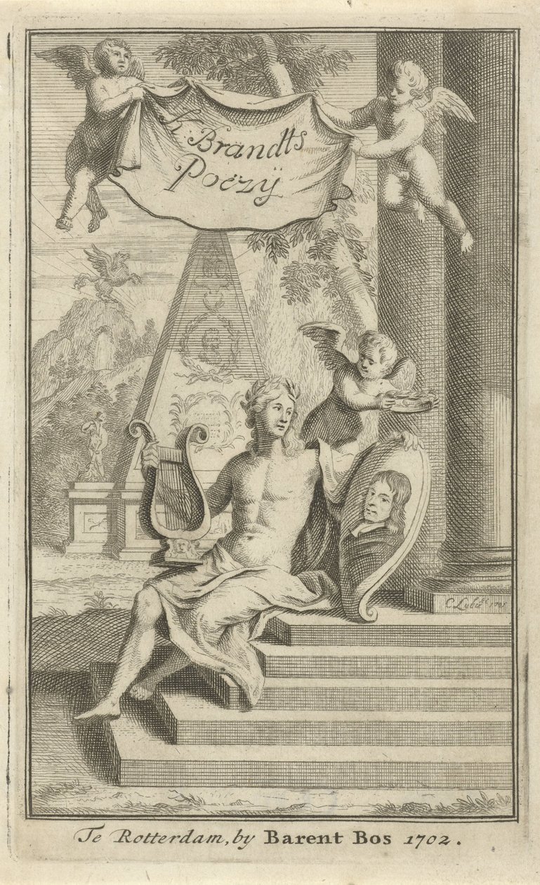 Apollo Caspar Brandtin muotokuvalla Nimisivu: K. Brandt, Poëzy, 1705 tekijältä Christoffel Lubienitzki