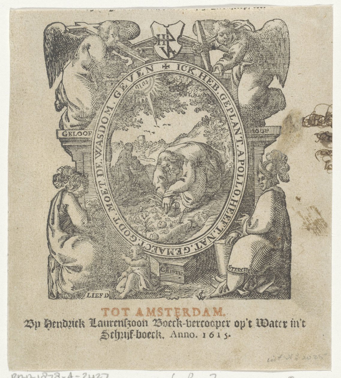 Otsikkovinjetti, jossa mies istuttaa kasveja tekijältä Christoffel van Sichem (II) (possibly)