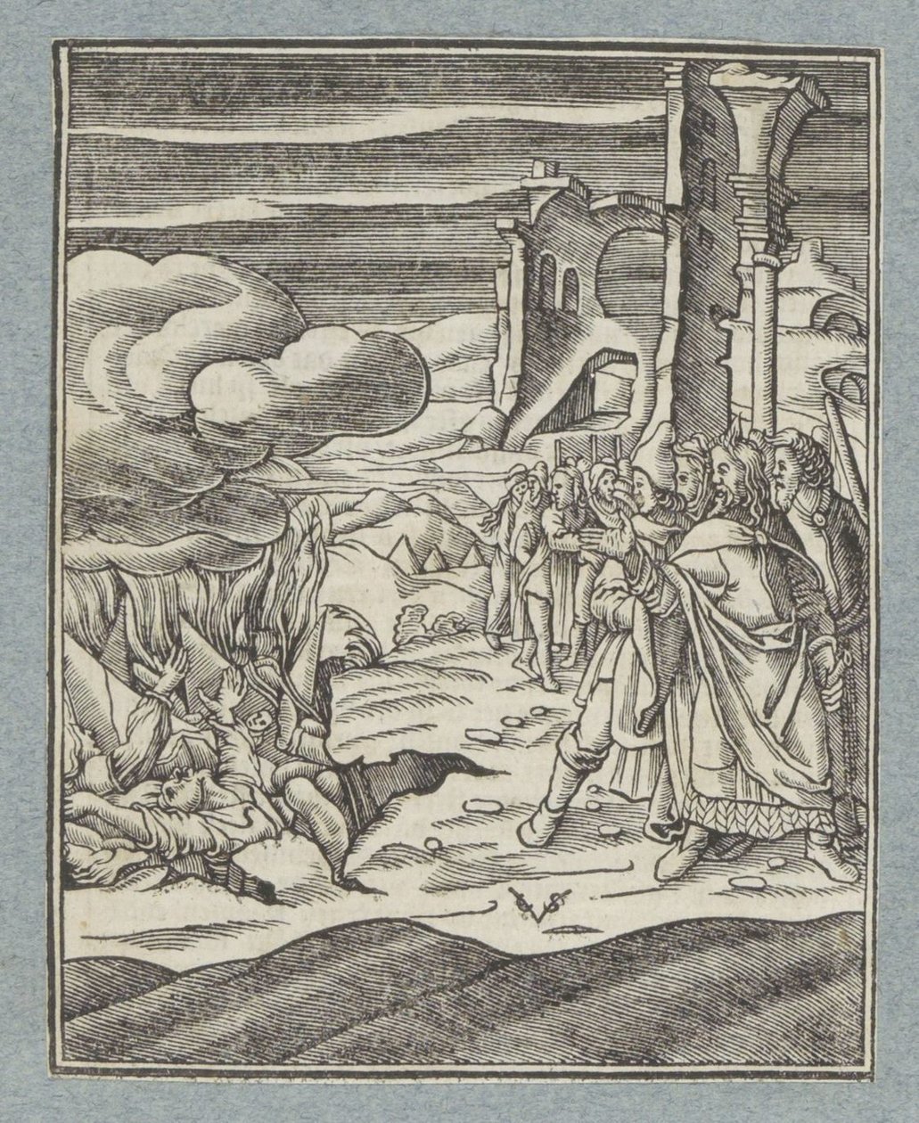 Coré, Datàn i Abiram i les seves famílies són engolits per la terra tekijältä Christoffel van Sichem (II)