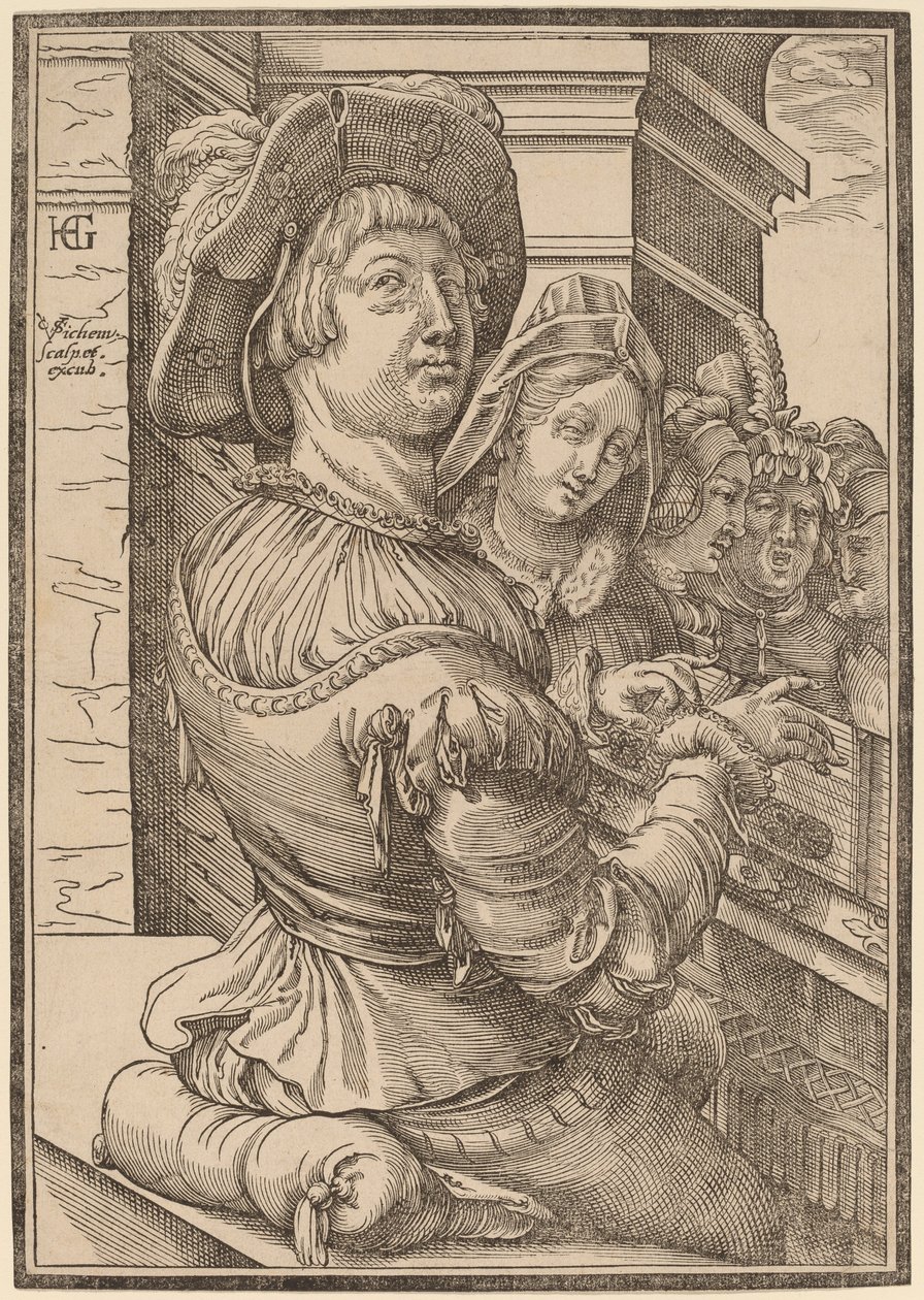 Nuori mies pelaamassa psalteriumia tekijältä Christoffel van Sichem I after Hendrik Goltzius