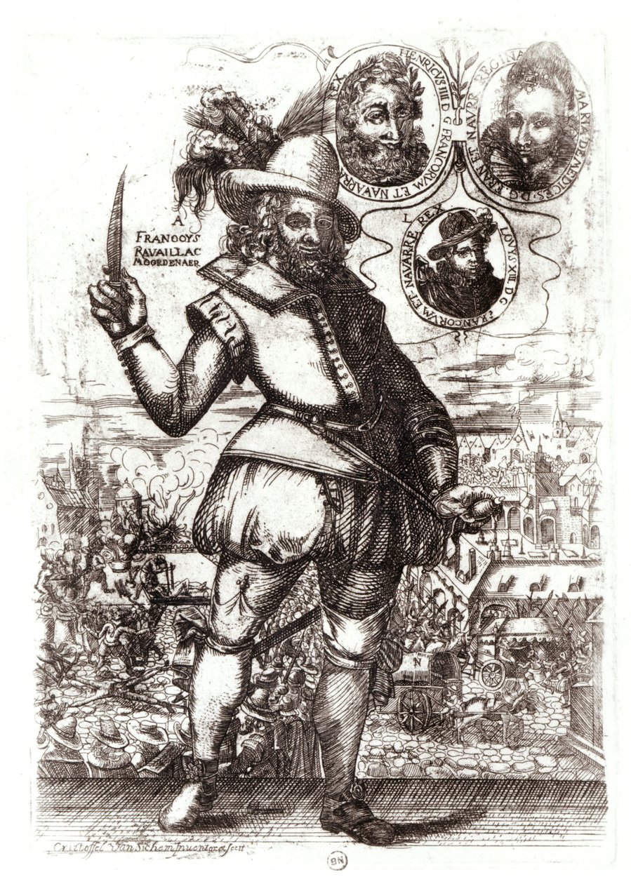 Henrik IV:n salamurhaajan Francois Ravaillacin muotokuva (1553-1610) (kaiverrus) (s/w valokuva) tekijältä Christoffel van the Elder Sichem