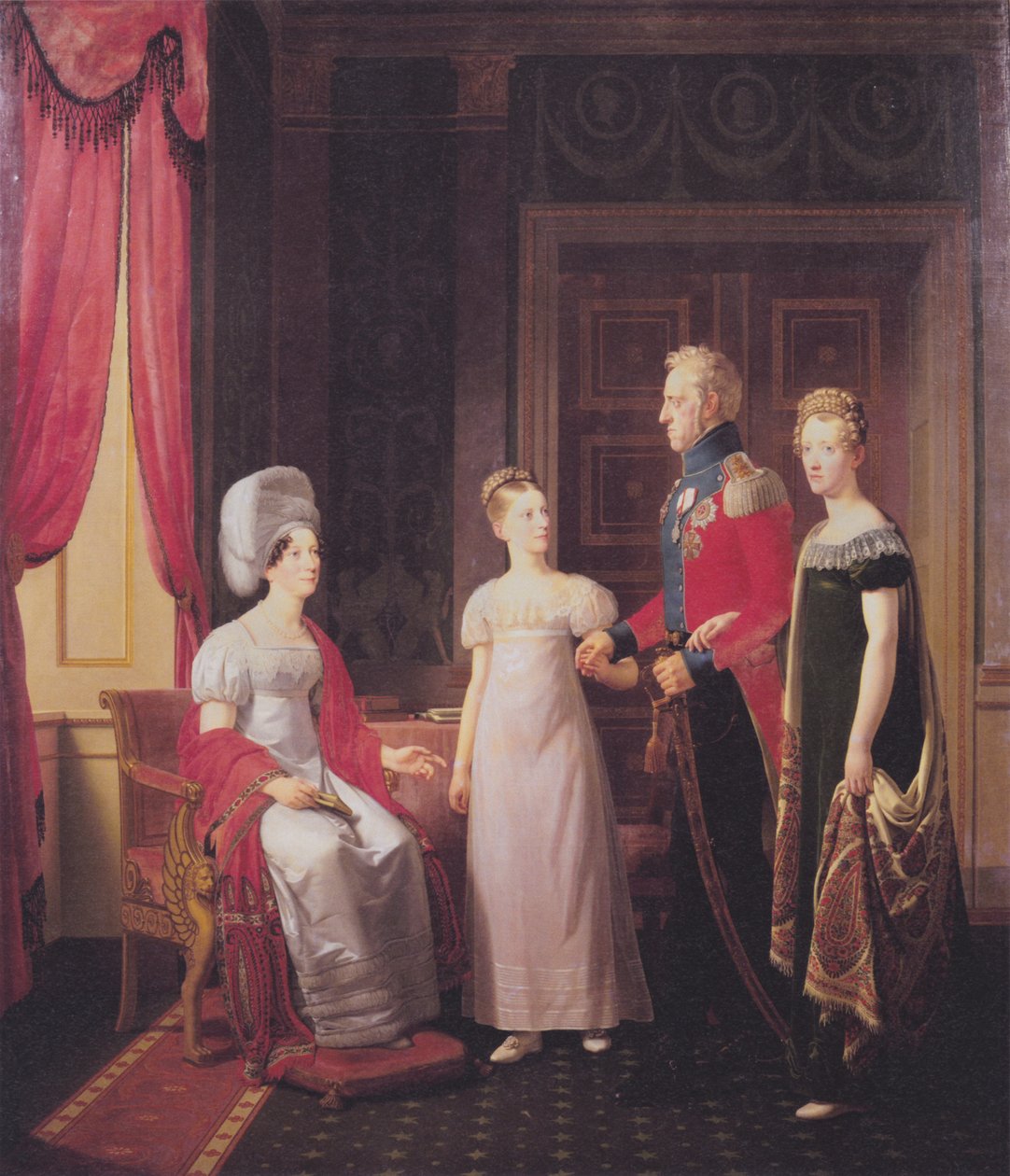 Frederik VI ja kuningatar Marie sekä prinsessat Caroline ja Vilhelmine tekijältä Christoffer Wilhelm Eckersberg