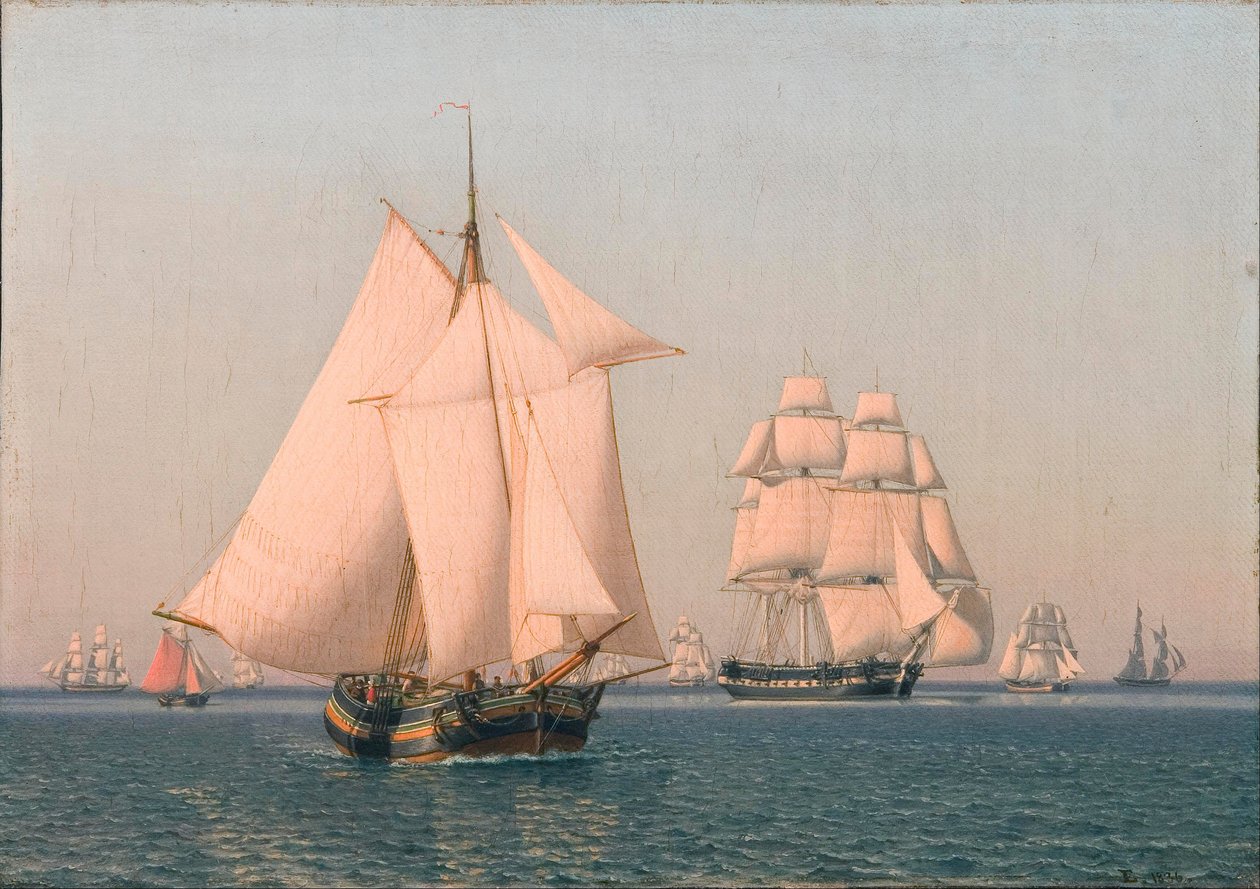 Alukset purjehtivat kevyessä tuulessa selkeänä kesäiltapäivänä tekijältä Christoffer Wilhelm Eckersberg