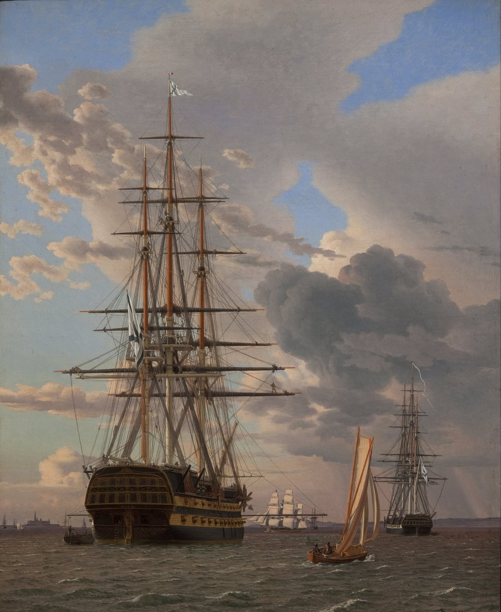Venäläinen linjalaiva Asow ja fregatti ankkurissa Helsingörin tiellä tekijältä Christoffer Wilhelm Eckersberg