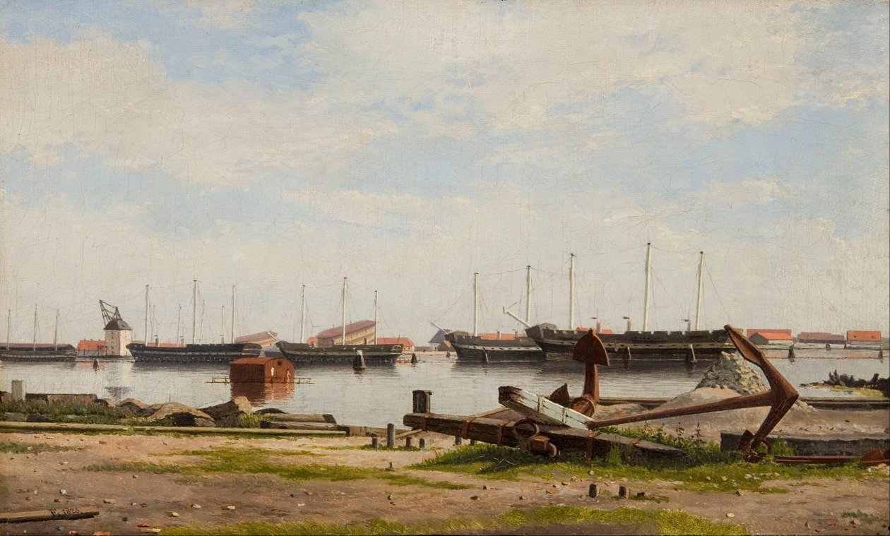 Erä Nyholm nosturin ja joidenkin sota-alusten kanssa tekijältä Christoffer Wilhelm Eckersberg