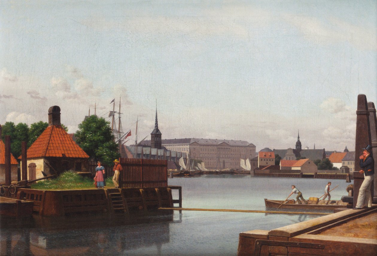 The Bourse, Christiansborg ja Holmenin kirkko, katsottuna aasialaisen yhtiön paikalta. tekijältä Christoffer Wilhelm Eckersberg