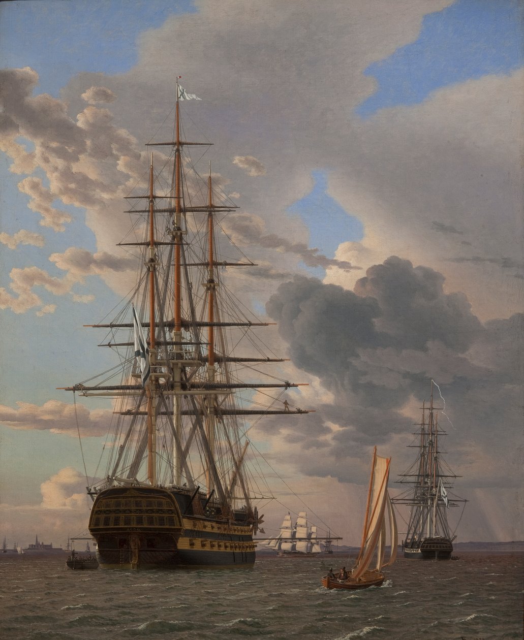 Venäjän linja-alus "Asow" ja fregatti ankkurissa Elsinoren teillä tekijältä Christoffer Wilhelm Eckersberg