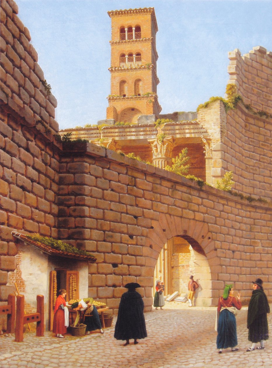 Augustuksen foorumia ympäröivä muuri, Mars Ultor -temppeli ja San Basilion kirkon campanile Roomassa. tekijältä Christoffer Wilhelm Eckersberg