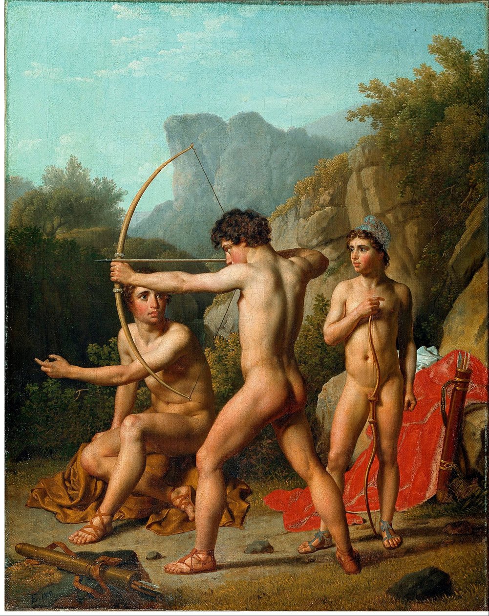 Kolme spartalaista poikaa harjoittelee jousiammuntaa tekijältä Christoffer Wilhelm Eckersberg